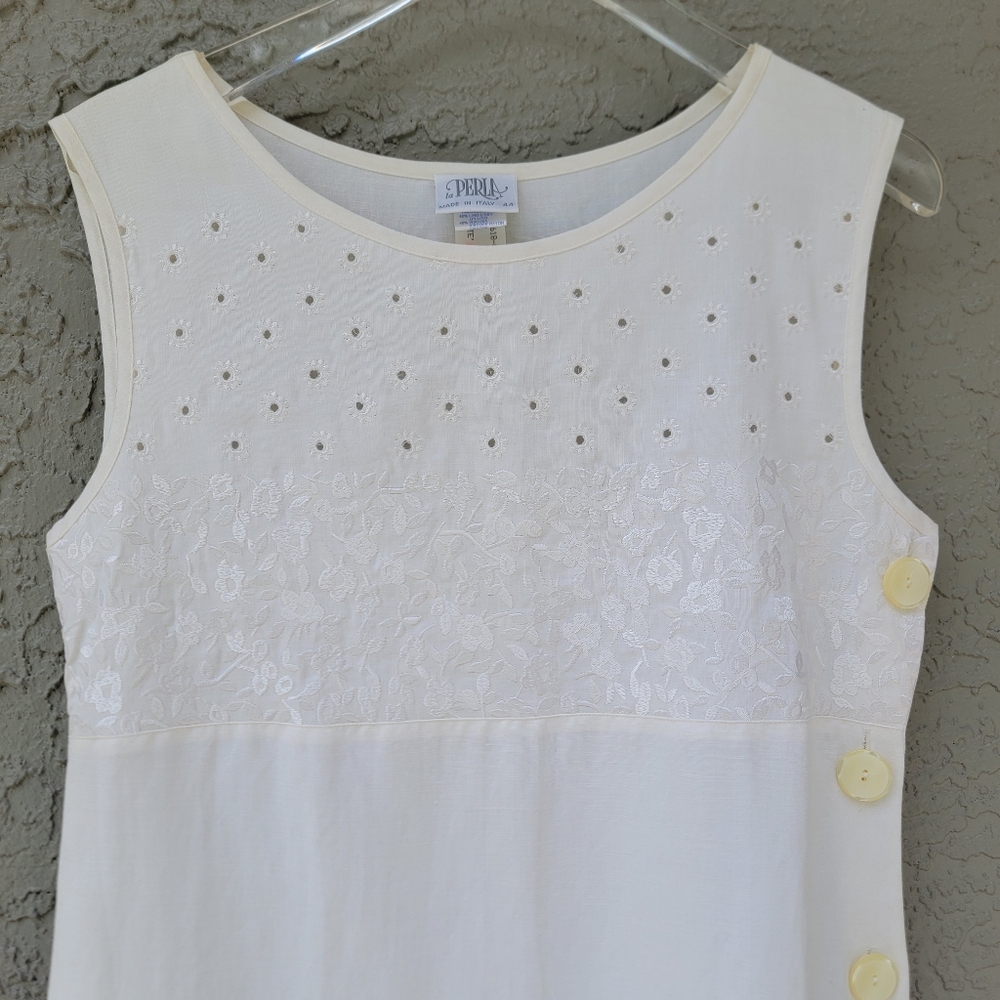 La Perla Linen Blend Retro Ivory Eyelet Embroidered Shift Dress Italy size 44/8 - Picture 4 of 12